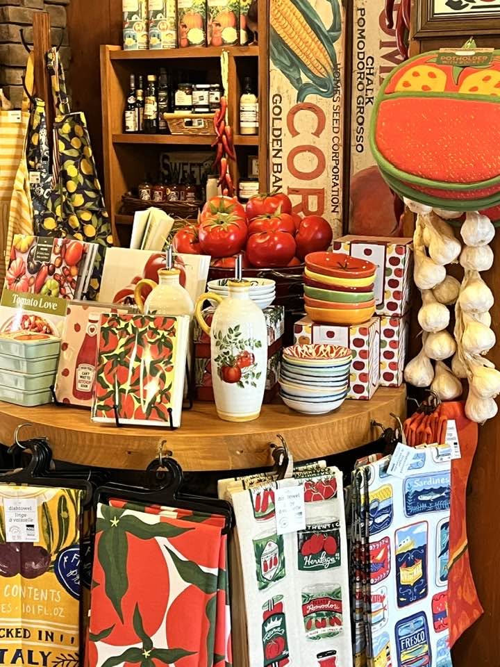 A colorful tomato-themed market display