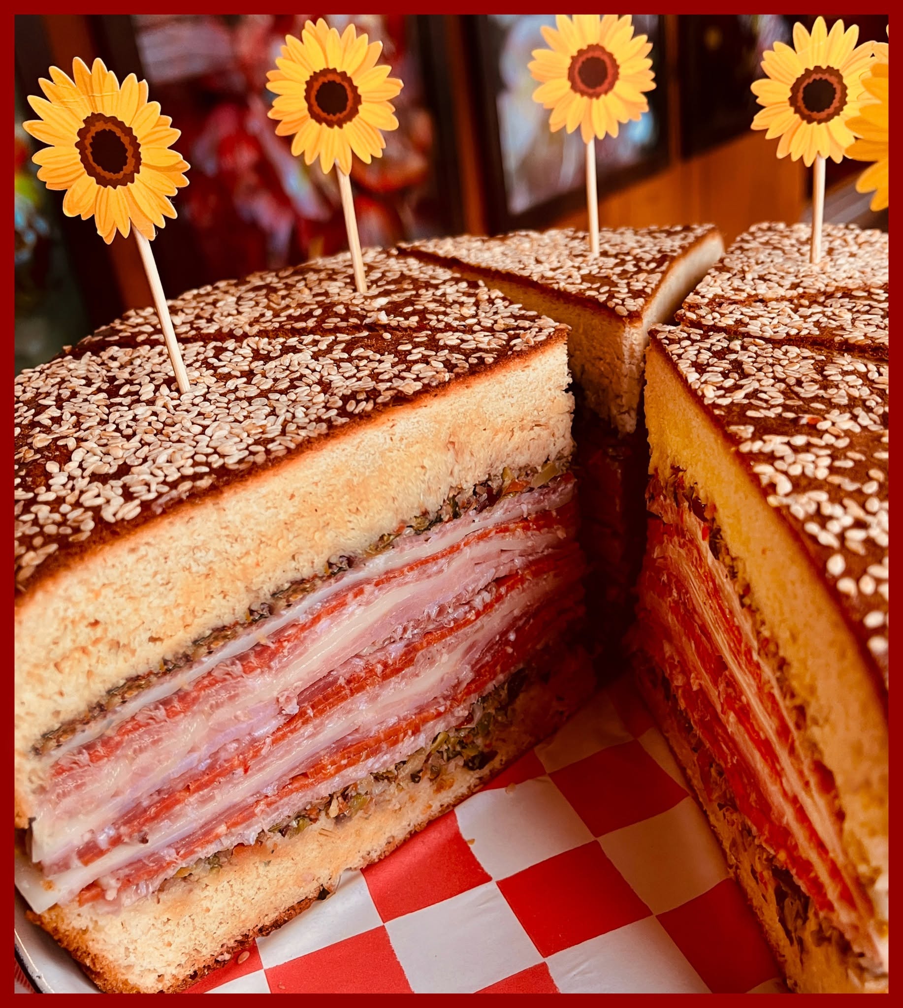 A large house-made muffaletta sandwich