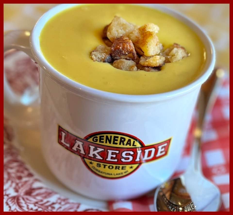 Golden soup served in a Lakeside mug